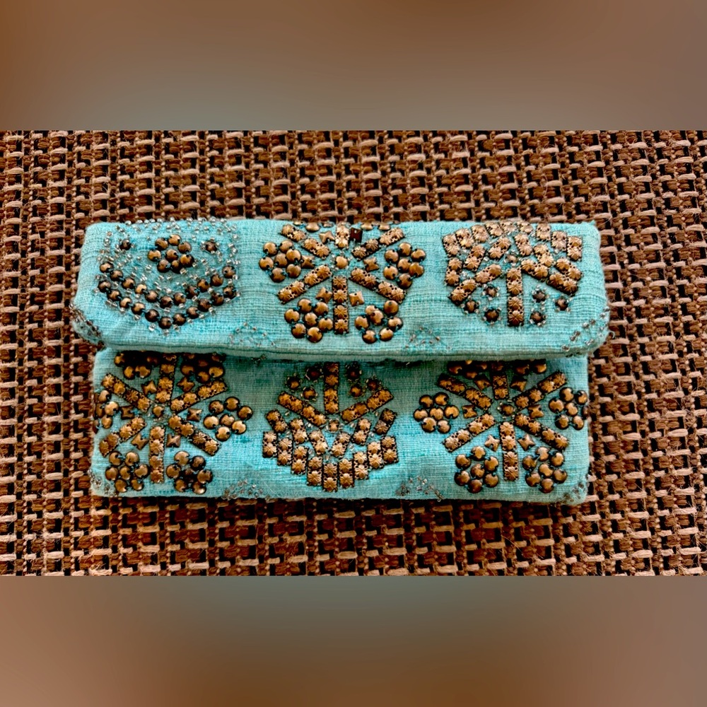 [Moyna] Beaded Fold Over Turquoise Clutch Bag